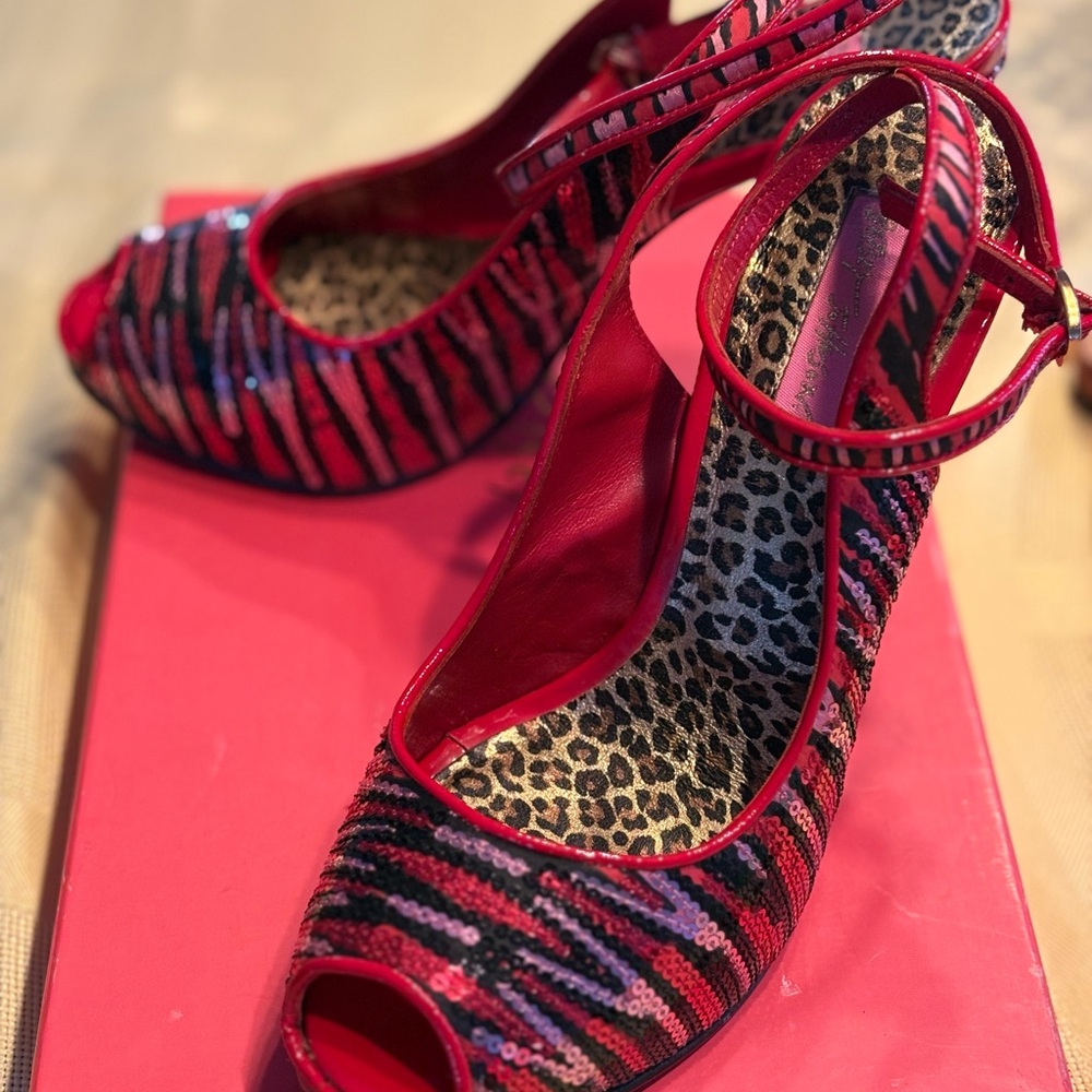 Betsey Johnson Red & Black Sequin Zebra Platform Heels - SHOWSTOPPERS!